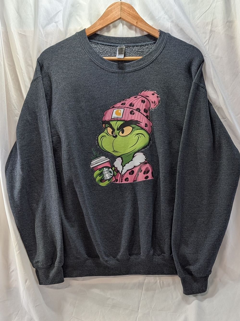 Carhartt Starbucks Grinch Graphic Charcoal Crewneck Sweatshirt Gildan Brand Med